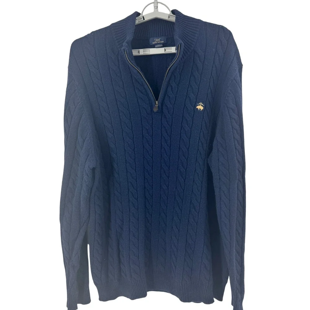 Brooks Brothers 346 Mens XXL Navy Cable Knit Merino Wool‎ Blend 1/4 Zip Pullover